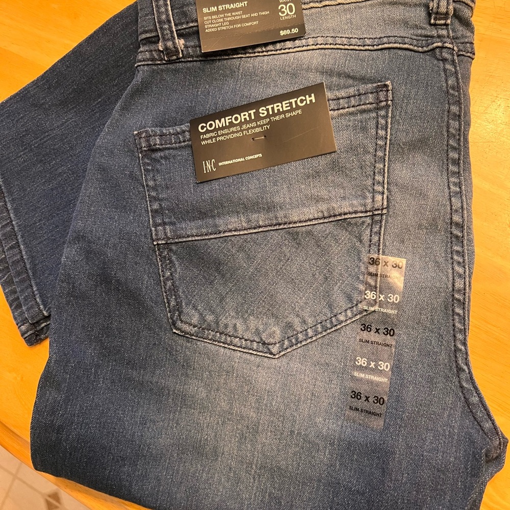 INC International Concepts Blue Straight-Leg Jeans with Contrast Stitching